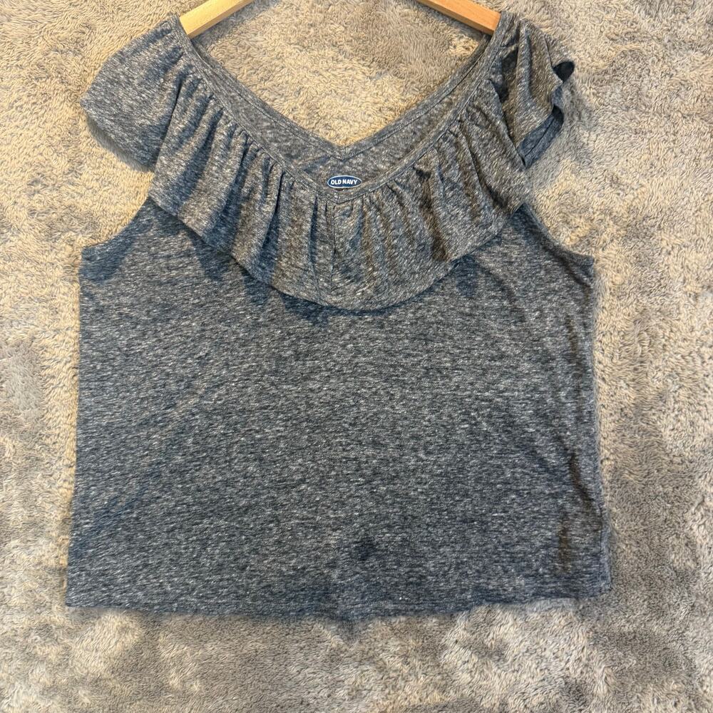 Old Navy Gray Double V Neck Ruffle Linen Tank Top Shirt L Large